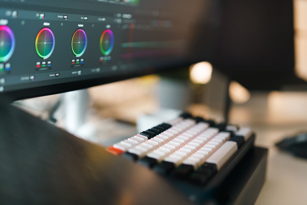 Professional corporate video editor working with business footage